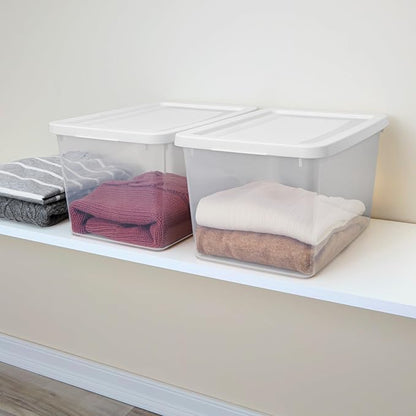 Sterilite 12 Pack Storage Boxes, Clear Plastic Stackable Containers, Lightweight Home Organizers with Snap Lids, 20 Quart, White
