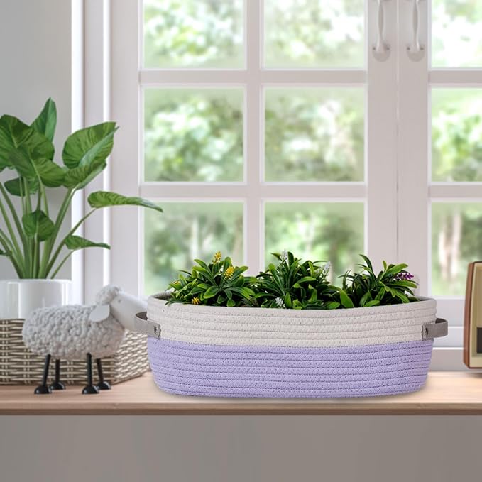 Cotton Rope Woven Basket Toilet Paper Baskets for Organizing Decorative Basket for Boho Decor Small Storage Basket Gift Baskets 13"x5.9"x4" Purple