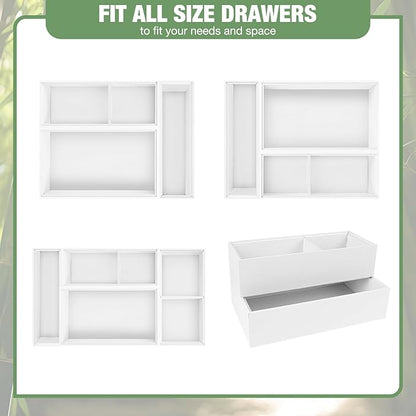 Bamboo Drawer Organizer,5 PCS White Bathroom Tray&Desk Organizers and Storage,Cabinet Divider With Removable Silverware Organization for Kitchen,Utensils,Junk,Office,Makeup
