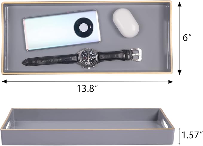 MAONAME Gray Bathroom Tray, Plastic Vanity Tray, Long Narrow Countertop Trays with Handles, Perfume Organizer Trays for Dresser, Bathroom Accessories, 13.8" x 6" x 1.57"
