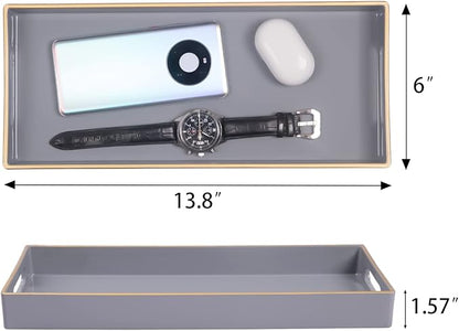 MAONAME Gray Bathroom Tray, Plastic Vanity Tray, Long Narrow Countertop Trays with Handles, Perfume Organizer Trays for Dresser, Bathroom Accessories, 13.8" x 6" x 1.57"