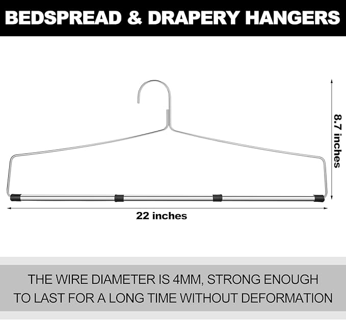 Cinnvoice 4 Pcs Bedspread Drapery Hangers 22 Inch Metal Linen Hanger Heavy Duty Blanket Tablecloth Hangers with Anti Slip Rubber Sleeve for Heavy Items, Silver