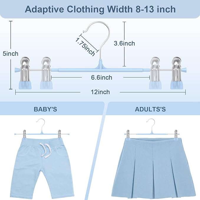 POZEAN Pants Hangers with Clips for Women 30 Pack, 12Inch Adjustable Heavy Duty Skirt Hangers, Space Saving Non-Slip Shorts Jeans Trousers Clothes Hangers, Blue