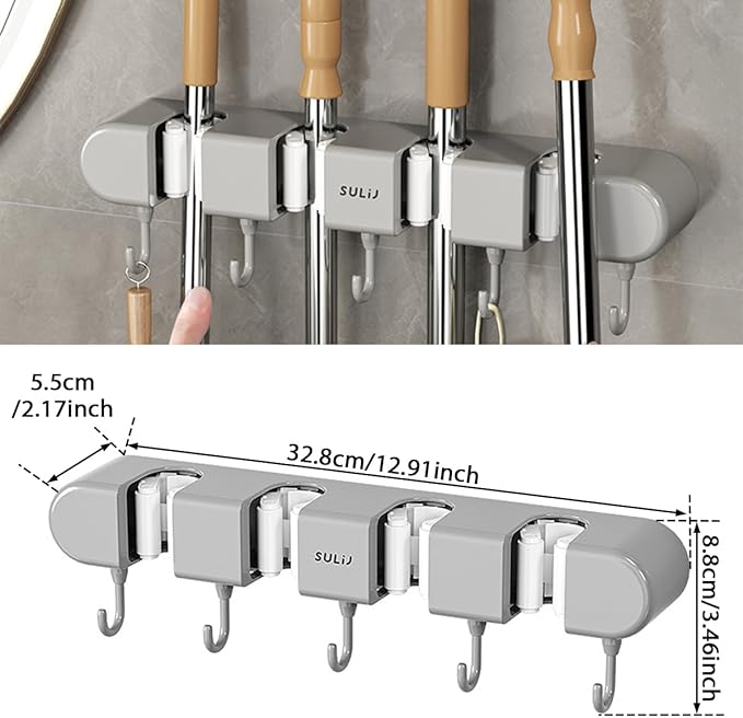 2Pcs Broom Holder Wall Mount, No-Drilling Self-Adhesive Mop and Broom Storage Rack with Hooks (4 Racks with 5 Hooks), Wall-Mounted Broom Hanger for Bathroom, Kitchen, Closet, Garage (Grey)