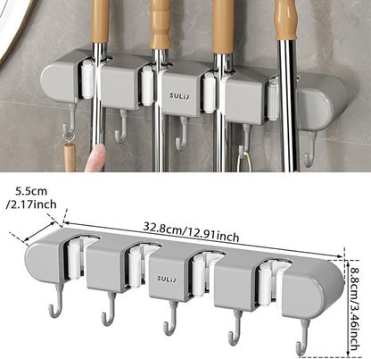 2Pcs Broom Holder Wall Mount, No-Drilling Self-Adhesive Mop and Broom Storage Rack with Hooks (4 Racks with 5 Hooks), Wall-Mounted Broom Hanger for Bathroom, Kitchen, Closet, Garage (Grey)