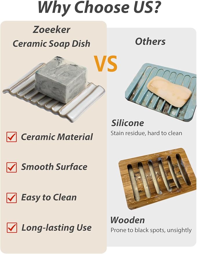 Zoeeker Soap Holder, Ceramic Bar Soap Dishes Soap Saver for Bathroom, Shower, Sink, Kitchen, Countertop, Bath Tub, Keep Soap Bars Dry, White