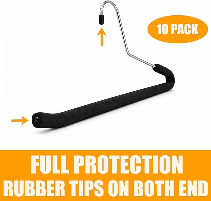 [Upgraded Reversed Hook] HUJI Extra Long Heavy Duty Open Ended Ergonomic Easy Slide Non-Slip Wrinkle Free Foam Coated Metal Pants Hangers Trouser Organizers (10 Pieces Set)