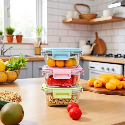 Square 2cup Glass Food Storage Containers with Airtight Lids, 16oz Glass Meal Prep Containers, Square Food Bowl For Lunch, Fruit, Snack, Dishwasher Microwave Freezer Safe (Pink+Green)