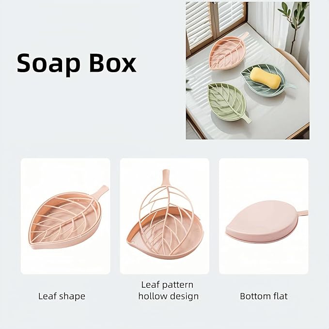 Leaf-Shaped Soap Dish Set, 2-Tier Soap Holder Drain Rack, Leaf Design - No Drill Wall Mount, Detachable Bathroom Organizer for Shower Sink (Pastel Green/Blue/Pink)