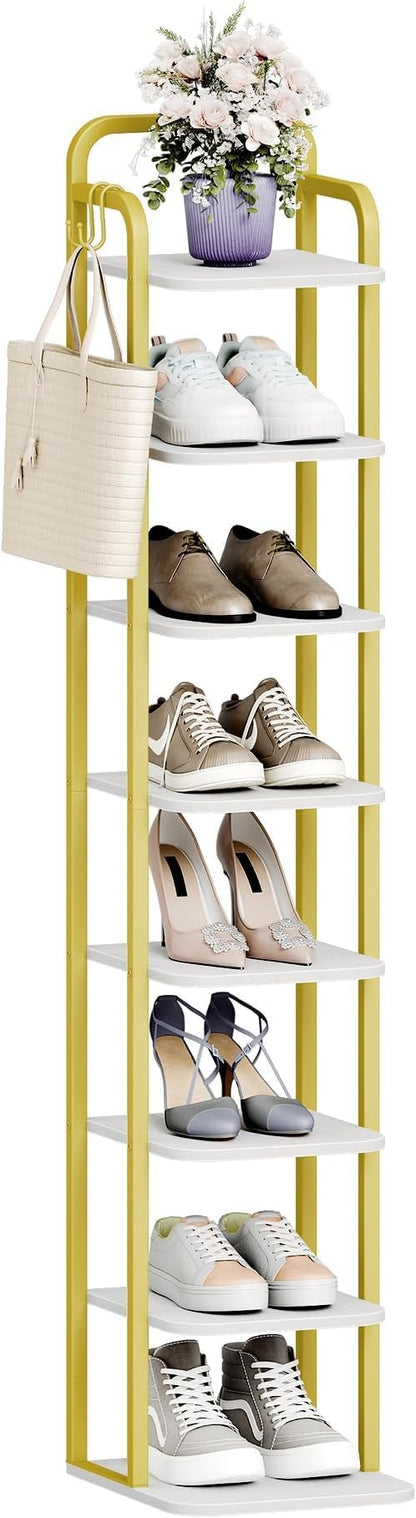 Hzuaneri 8 Tiers Vertical Shoe Rack, Narrow Shoe Tower, Tall Shoes Shelf with 2 Hooks, Adjustable Shelves, Corner Shoes Shelves for Small Spaces, Entryway, Living Room, White Gold SR04313A