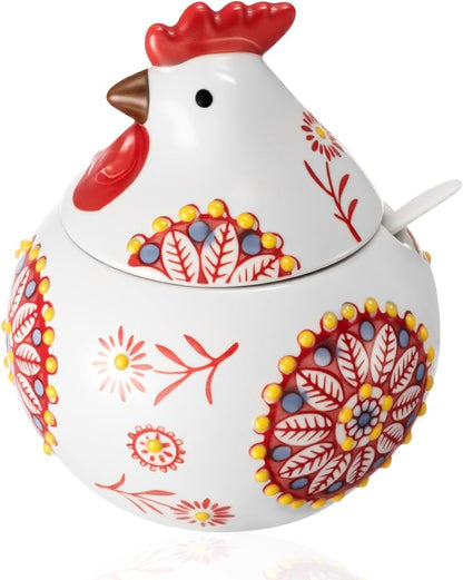 Ceramic Salt Cellar with Lid and Spoon, 13 oz Large Chicken Salt Jar, Chicken Sugar Containers for Countertop, Decorative Kitchen Holder for Coffee, Pepper, Seasonings, Spices, Candy(Red)