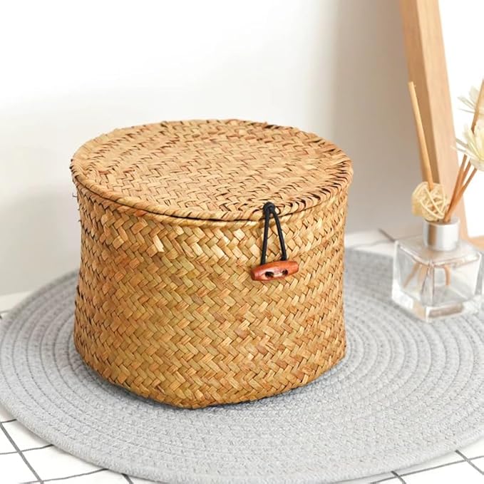 Seagrass Handmade Basket with Lid, Small Round Basket for Storage, Decorative Home Organizer Decor(7"L X 5"H, Natural)