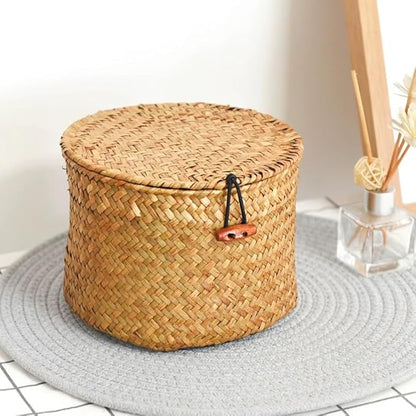 Seagrass Handmade Basket with Lid, Small Round Basket for Storage, Decorative Home Organizer Decor(7"L X 5"H, Natural)