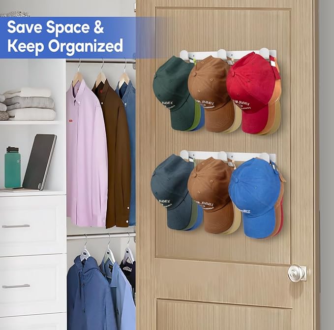 KIMBORA 2 Packs Hat Rack for Wall, Hat Organizer for Baseball Caps, 3 Mounting Options Cap Hook Hanger, Strong Snapback Holder Storage Display for Door, Room, Closet (White)