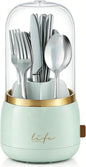 Silverware Organizer with Lid, 360° Rotation Utensil Holder for Kitchen Counter, Silverware Caddy for Party, 7 Slots Fits Standard Utensils & Steak Knives, Not for Extra-Long Knives (Light Green)