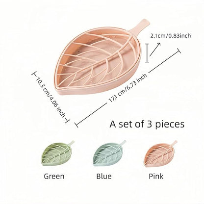 Leaf-Shaped Soap Dish Set, 2-Tier Soap Holder Drain Rack, Leaf Design - No Drill Wall Mount, Detachable Bathroom Organizer for Shower Sink (Pastel Green/Blue/Pink)
