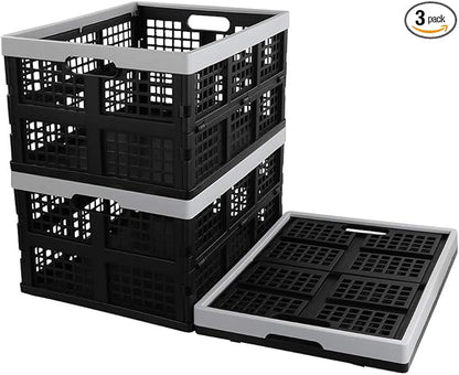 Kekow 30 L Black Plastic Collapsible Storage Basket, 3-Pack Folding Crates Storage