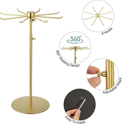 uxcell Keychain Display Stand, 1Pcs - Metal 1-layer Rotating Jewelry Display Stand with 8 Hook, Adjustable Display Rack for Necklace Craft Shows (Gold)