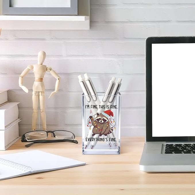 I'm Fine This Is Fine Acrylic Cosmetic Pencil Pen Holder Cup, Funny Raccoon Christmas Pen Holder Cup, Raccoon Lover Gifts for Women Men, Office Sarcastic Gifts for Women Men Colleague Boss