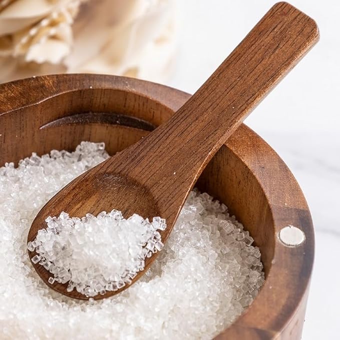 Wooden Salt Box with Magnetic Swivel Lid, Acacia Wood, Dual Compartments, 9x10.5cm, Kitchen Storage Container with Spoon