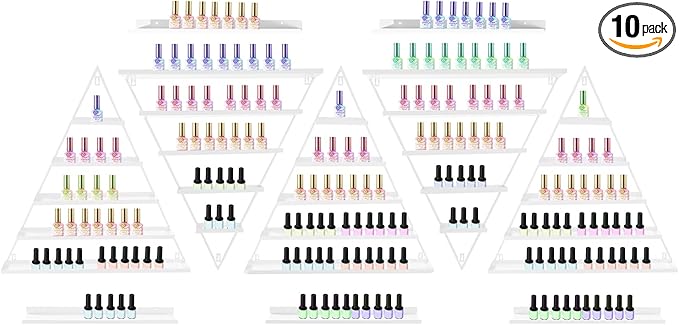 Metal Wall-Mounted Nail Polish Storage Racks, 5 Tiers Nail Polish Storage Racks, 10PCS Triangular Cosmetic Display Racks, Lipstick Perfume Wall Shelf for Spa Nail Salon Shop Home (White)
