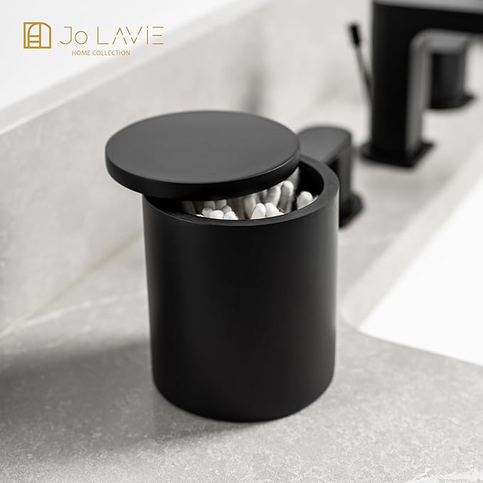 Cotton Swab Holder Bathroom Organizer – Bathroom Canisters with Lids Cotton Pad Holder for Countertop, Vanity – Luxury Apothecary Jars with Lids Hold Swabs, Makeup Pads (Black)