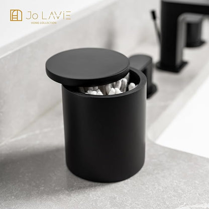 Cotton Swab Holder Bathroom Organizer – Bathroom Canisters with Lids Cotton Pad Holder for Countertop, Vanity – Luxury Apothecary Jars with Lids Hold Swabs, Makeup Pads (Black)
