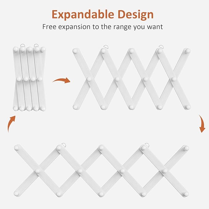 Accordion Wall Hanger, Hat Rack for Wall with 14 Coat Hooks, Expandable Hat Hangers Organizer, Vintage Decorative Coat Rack Wall Mount for Purse, Mug (White)