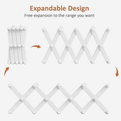 Accordion Wall Hanger, Hat Rack for Wall with 14 Coat Hooks, Expandable Hat Hangers Organizer, Vintage Decorative Coat Rack Wall Mount for Purse, Mug (White)