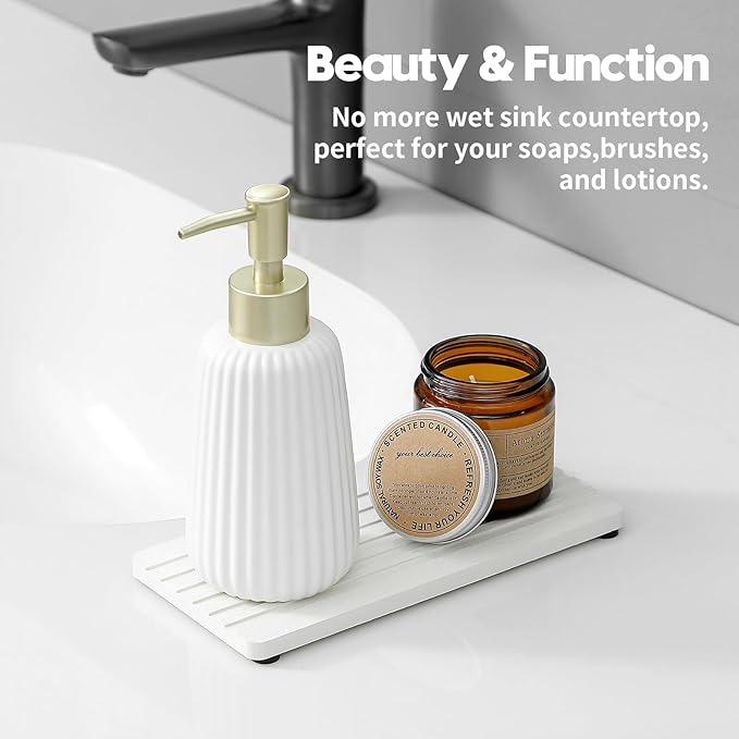 Razborci 2PCS Diatomite Quick Stone Drying Tray Mat for Bathroom & Kitchen Counter, Instant Dry Water Absorbent Drink Bar Coasters,Vanity Sink Caddy Organizer,Dish Soap Sponge Holder, Ivory,8"x3.8"