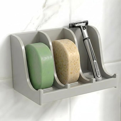 Soap Holder for Shower Wall, 3-Compartment Soap Dish for Shampoo, Conditioner and Body Soap, Fast Draining & Rust-Proof & Heavy Duty, Ultra-Strong Self Adhesive & Freestanding (Grey, No Label)