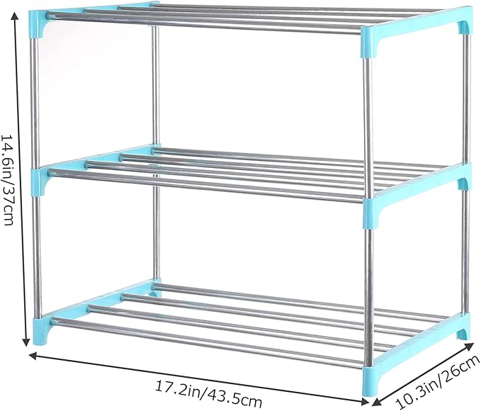 Small Shoe Rack, Narrow Stackable Shoe Shelf Organizer for Entryway, Doorway and Bedroom Closet (3-Tier, Blue)