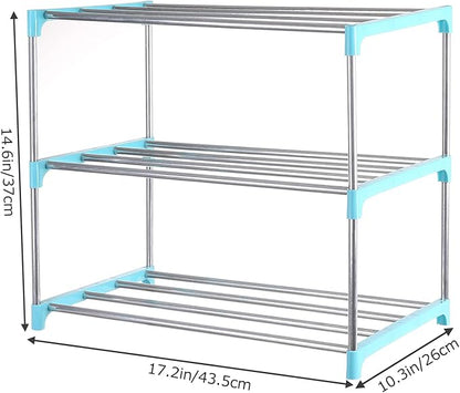Small Shoe Rack, Narrow Stackable Shoe Shelf Organizer for Entryway, Doorway and Bedroom Closet (3-Tier, Blue)
