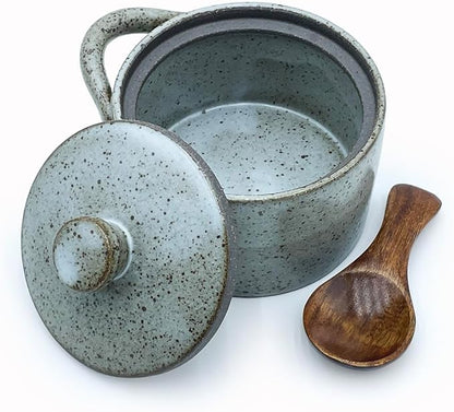 8 oz Ceramic Salt Cellar with Lid & Wooden Spoon,Countertop Salt Container,Sugar Bowl,Spices Jar| Artisan Kitchen Decor(Gray)