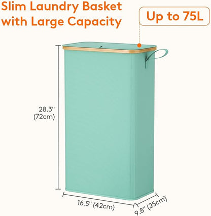 Lifewit 75L Slim Laundry Hamper with Lid, Narrow Laundry Basket with Removable Bag & Bamboo Handles, Fodable Thin Dirty Clothes Hamper for Laundry Collapsible Bin for Bathroom Bedroom Dorm, Sage Green