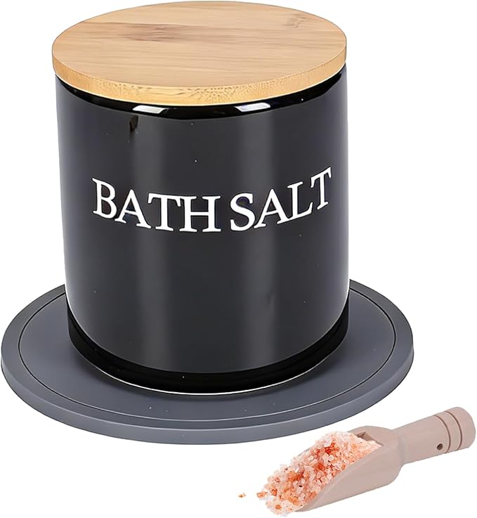 29oz Airtight Ceramic Bath Salt Jar Set - with Wooden Lid, Scoop & Anti-Slip Mat, Opaque Bathroom Storage Organization for Epsom Salt, Spa & Bath Bombs, Black-S