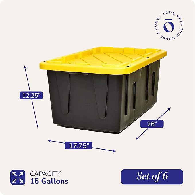 HOMZ 6-Pack Durabilt Tote, Heavy Duty Plastic Storage Bins with Lids, 15 Gallon, Black/Yellow - Stackable Organizing Containers for Home, Garage, and Office