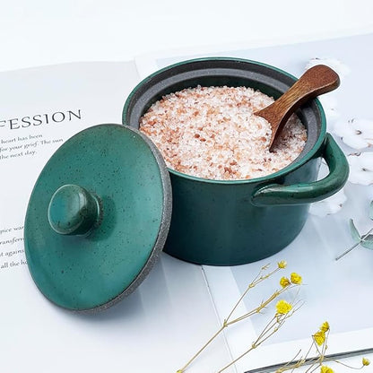 12 oz Ceramic Salt Cellar with Lid & Wooden Spoon,Countertop Salt Container,Sugar Bowl,Spices Jar| Artisan Kitchen Decor(Blue)
