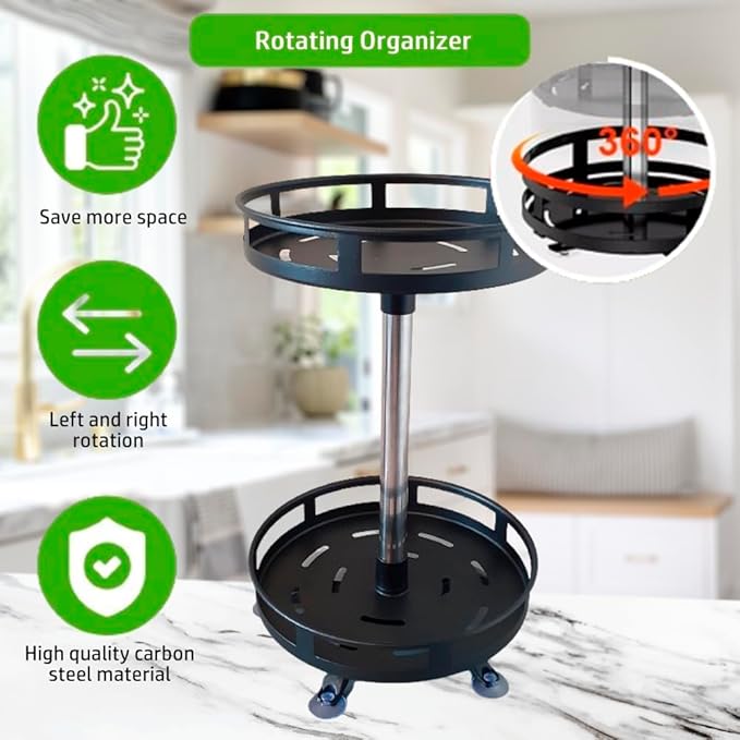 Lazy Susan Organizer 2 Tier 9"x 10" heigh 16" Metal Rotating Spice Rack Two Tier Turntable Organizer for Kitchen Pantry Cabinet Countertop, Tabletop, Bathroom Storage Black