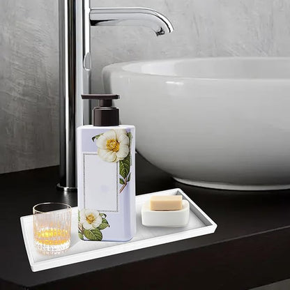 2 Pack Bathroom Tray Countertop, Large 12'' Shatterproof Silicone Vanity Tray Rectangular Toilet Tank Tray, Soap Dispenser Tray Sponge Holder for Kitchen Sink (Marble White)