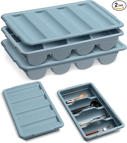 Maxdot 2 Pcs 20.5 x 11.9 x 3.7 Inch Silverware Organizer with Lid, Commercial 4-compartment Restaurant Kitchen Cutlery Tray, Plastic Silverware Storage Container, Condiments Holder (Grayish Blue)