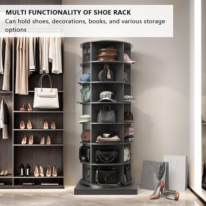 Rotating Shoe Rack Tower, 360-Degree Circular Storage Organizer for Shoes and Handbags, Vertical Space-Saving Cabinet for Entrance Hall, Independent Rotating Shoe Shelf（A-Gray）