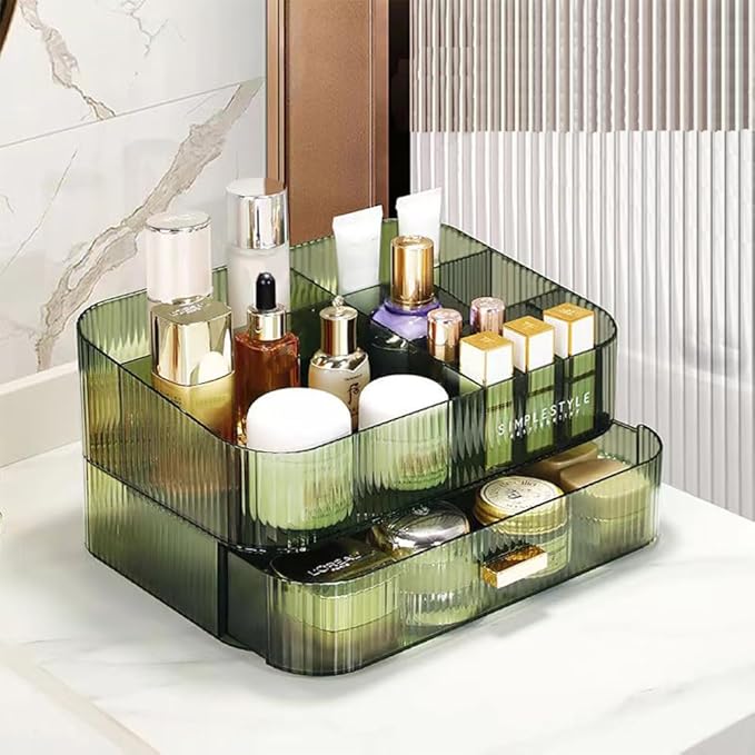 Stackable Makeup Organizer Drawers, Bathroom Vanity Organizers and Storage, Ideal for Desk and Dresser Countertops, Great for Cosmetics, skincare, Lipsticks, Nail Care -Green