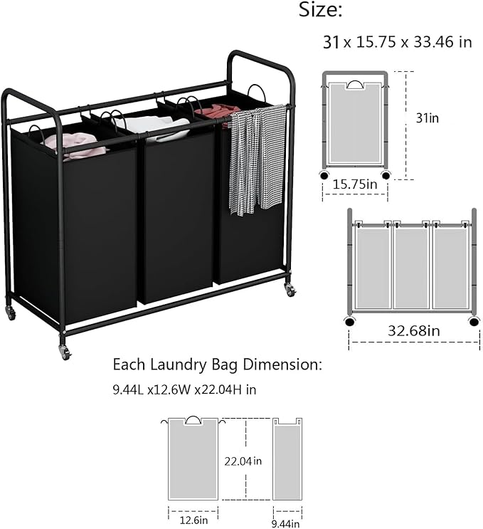 LINZINAR 3-Bag Laundry Basket, Black Laundry Hamper, 35.6 Gal(135 L) Laundry Sorter Cart Laundry Room Organization with Heavy Duty Rolling Lockable Wheels and Removable Bags