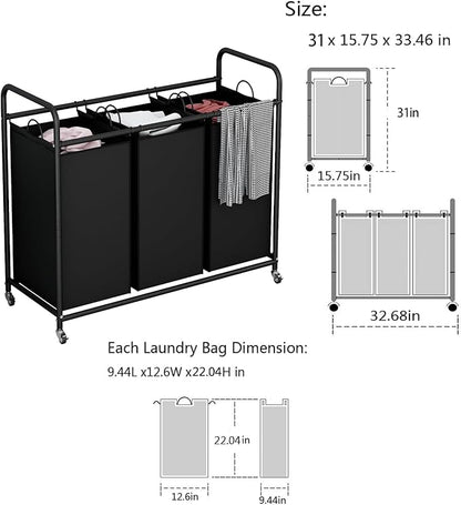 LINZINAR 3-Bag Laundry Basket, Black Laundry Hamper, 35.6 Gal(135 L) Laundry Sorter Cart Laundry Room Organization with Heavy Duty Rolling Lockable Wheels and Removable Bags
