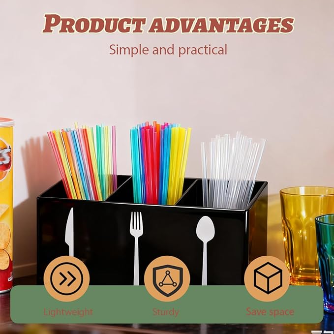 Acrylic Cutlery Storage Organizer Bin,3 Section Silverware Caddy with Spoon Fork Organizer, Clear Plastic Utensil Holder for Kitchen Countertop, Cabinet, Dining Room (Black)