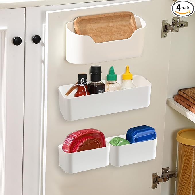 Wonderjune 4 Pack Adhesive Cabinet Door Organizer, Lid Organizer Wall Mounted Pantry Door Organizer Bin Holder for Lid Wall Organizer for Kitchen RV Bathroom (Classic,Same Size)