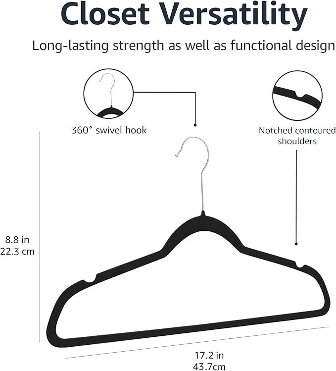 Amazon Basics Slim Velvet Non-Slip Space Saving Suit Clothes Hangers, Closet Organizer, Black/Silver, 100-Pack