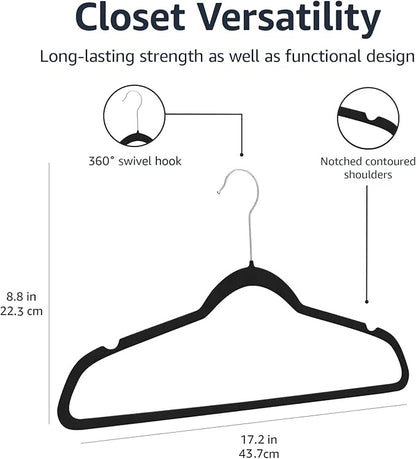 Amazon Basics Slim Velvet Non-Slip Space Saving Suit Clothes Hangers, Closet Organizer, Black/Silver, 100-Pack