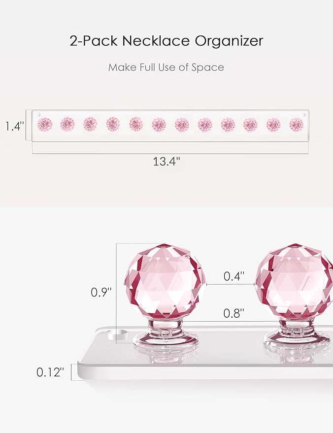 Heesch Necklace Holder Pink, Acrylic Necklace Hanger Wall Mount, Hanging Necklace Organizer, Jewelry Hooks for Necklaces, Bracelets, Chains (2-pack Pink)